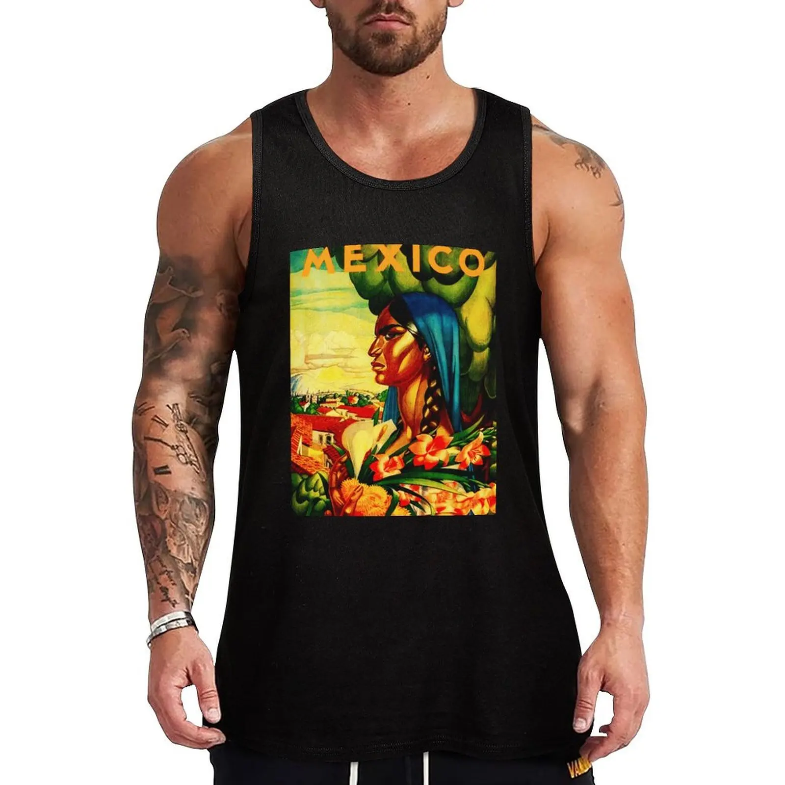 Vintage Floral Mexico Travel Poster Tank Top men clothes gym accessories men