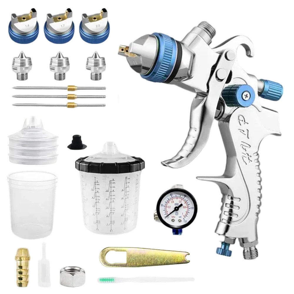 HVLP H2008 Spray Guns 1.4/1.7/2.0mm Blue Gun Nozzle 3Pcs 650ml Disposable Cup Pressure Gauge For Cars Furniture Painting