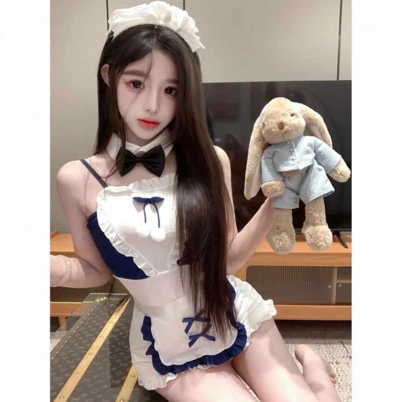 

Maid Outfit Summer New Style Elegant Pure Bowknot Strap Dress Ruffled Edge Patchwork Apron