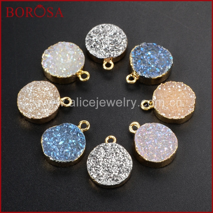 New Arrival Round Rainbow Titanium Natural Agate Druzy Charm Healing Agate Drusy Beads for Necklace/Earrings Jewelry Making