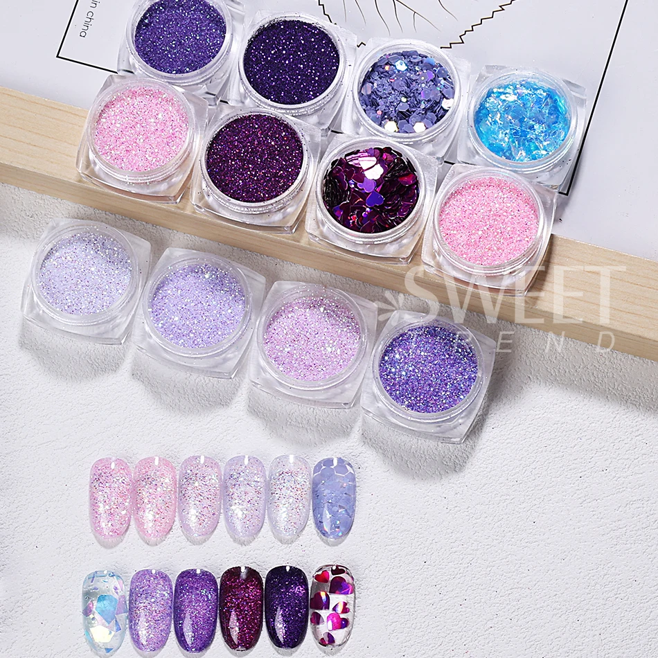 12 قطعة سلسلة الأرجواني الوردي مسمار بريق المجسم مختلط تألق السكر مسحوق الأظافر القلب مسدس رقائق لامعة مانيكير ديكور #4