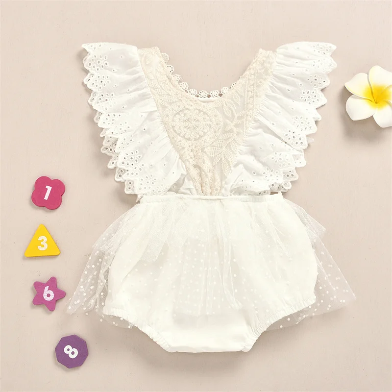 Summer Infant Baby Girls Bodysuit Floral Lace Embroideried Adjustable Ruffles Sleeve Triangle Jumpsuit Clothes