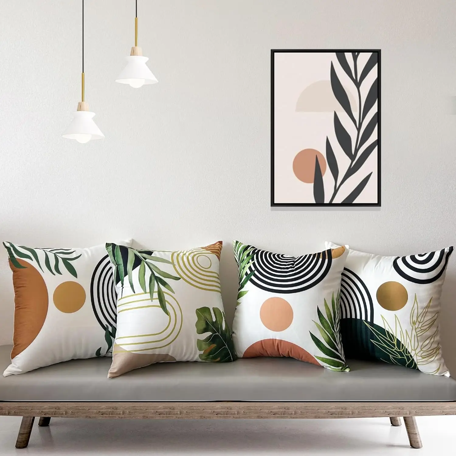 4pcs Geometric Leaf Cushion Covers, Modern Arch & Circle Print Pillow Cases for Sofa Bedroom Living Room Decor 45x45cm
