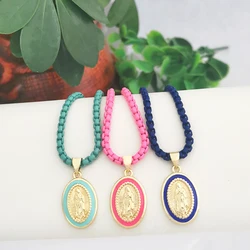 QMHJE Enamel Oval Virgin Maria Pendant Choker Necklace for Women Lady Candy Chain Trendy Jewelry Sweet Gift Hollow Cool Quality