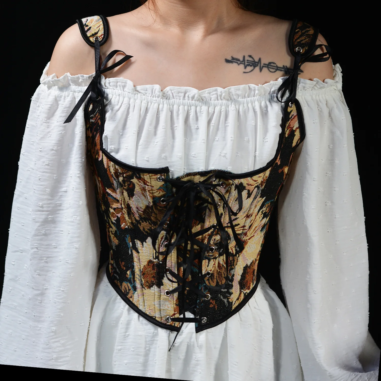 

French Monet Oil Painting Style Ink Color Weave Front Strap Body Shaping Herringbone Girdle Waist Semi-corseted Stacked Camisole