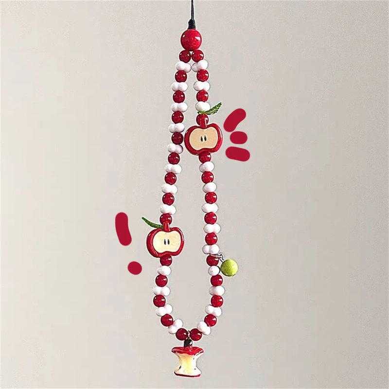 Korean Cute Apple Pearl Beaded Phone Chain Keychain Sweet Girl Bracelet Anti-Lost Phone Charm Lanyard For iPhone Samsung Camera view 4