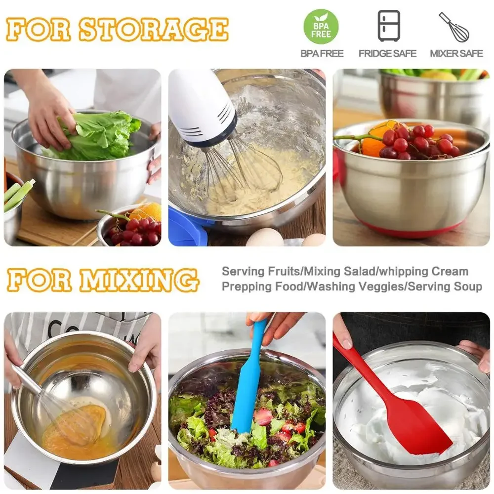 Stainless Steel Nesting Mixing Bowls with Airtight Lids Kitchen Salad Food Bowls Set Non-slip Silicone Bottom Whisking Set