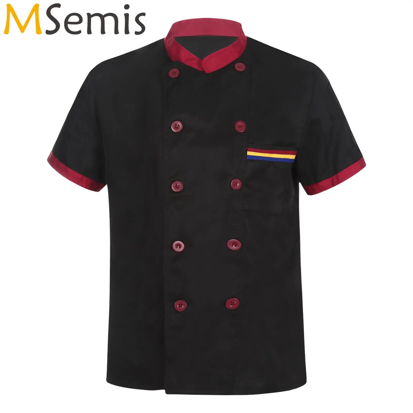 Mens Womens Short Sleeve Chefs Coat Contrast Color Stand Collar Cooks Shirt Uniform Food Service Restaurant Kitchen Costume