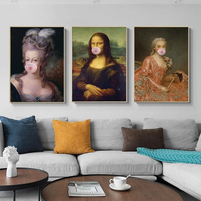 Renaissance Abstract Canvas Paintings Mona Lisa Bubble Gum Posters and Prints Wall Print Murals Home Decoration Cuadros