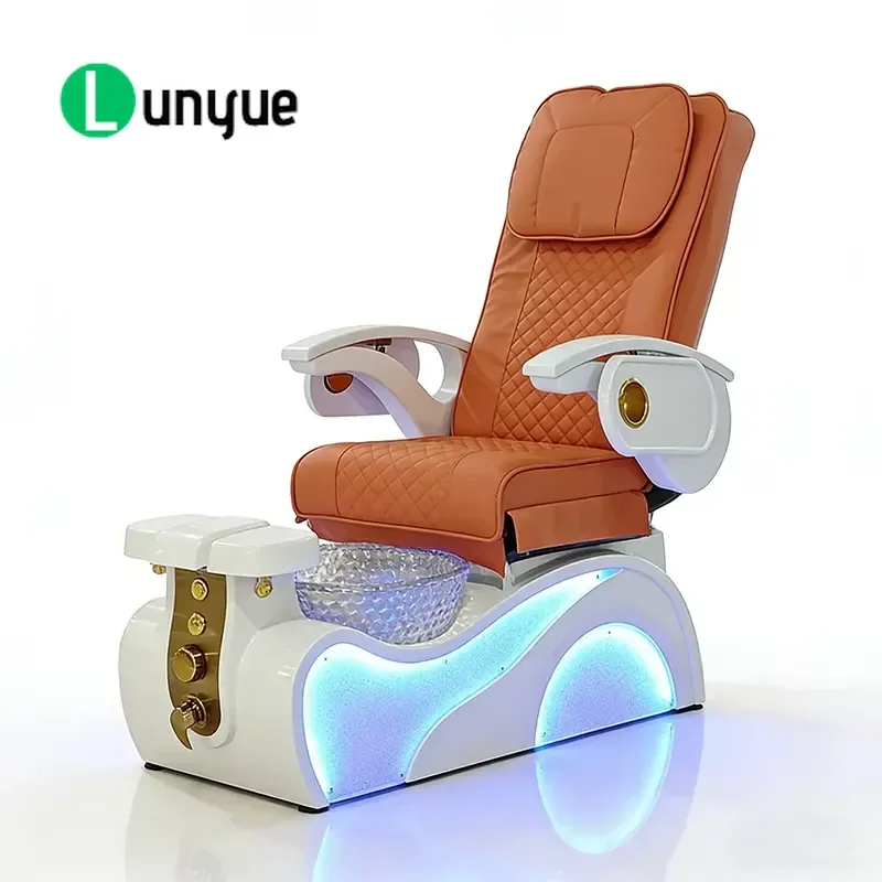Luxury Electric Pedicure Chair with Foot Bath Orange Modern Reclining Kneading Massage Spa Equipment with Light for Nail
