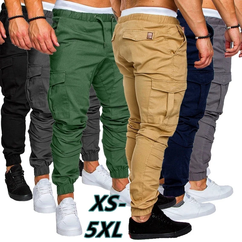 New Hot Full-length Men\'s Cargo Pants Breathable Pants Solid Color Loose Multi-pocket Men\'s Cargo Pants Drawstring Pocket Pants