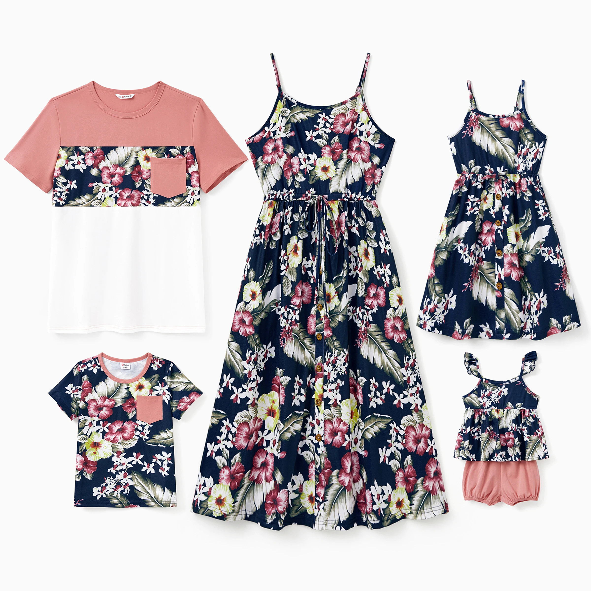 PatPat Family Matching Sets Floral Panel Tee or Button Up Belted Strap Dress with Pockets