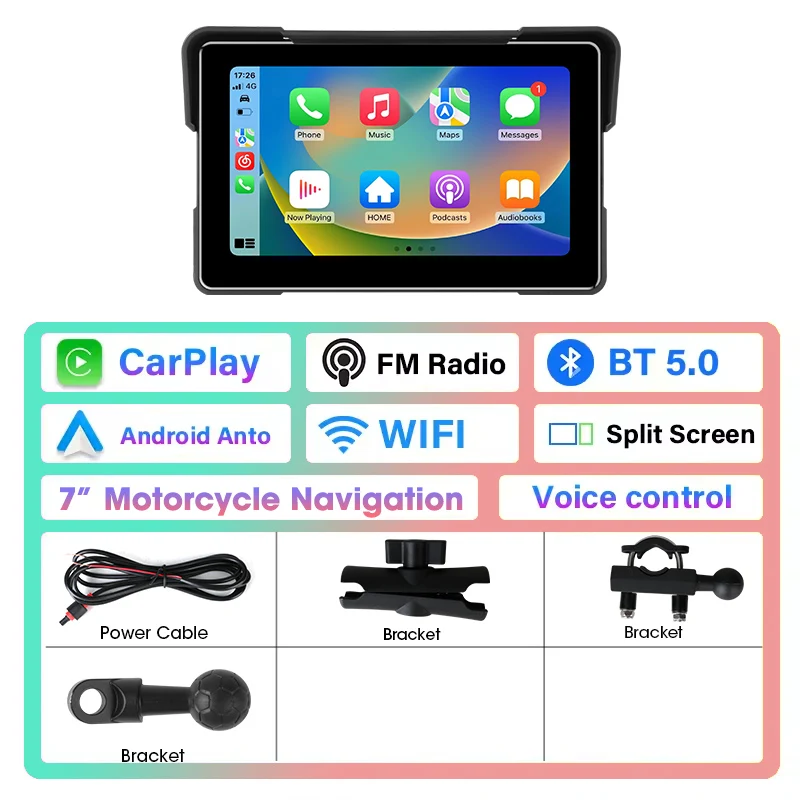 Srnubi 7-inch motorfiets DVR of navigatiespeler GPS Draadloos CarPlay Android Auto Waterdicht Dual Bluetooth Airplay Helm BT