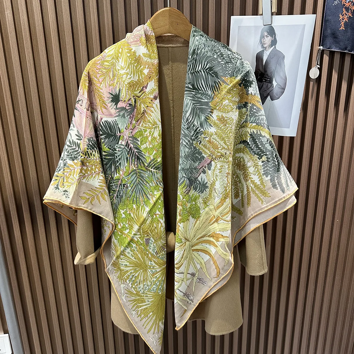 الشتاء الحرير وشاح من الصوف 135 سنتيمتر شالات مربعة كبيرة الفاخرة مصمم النساء اليد توالت حواف عصابات هدية الكريسماس سرق