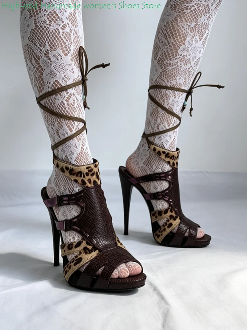 Pointed Waterproof Platform Stilettos Women's Shoes Coffee Brown And leopard Print Color-Blocked Banquet Sandals Cross Straps