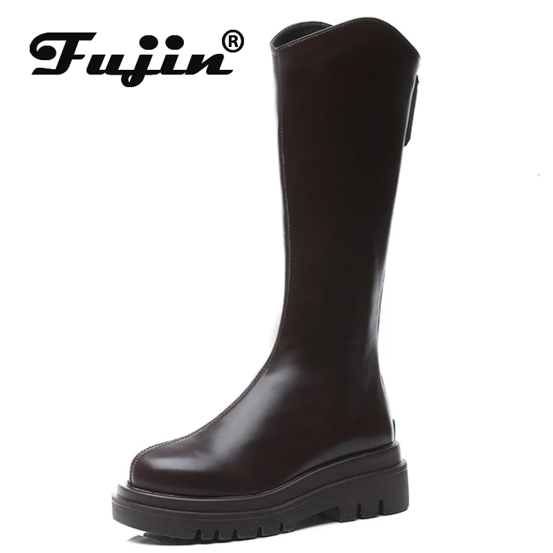 

Fujin 6cm Brithish Microfiber Women Knee High Chimney Boots Platform Wedge Zipper Autumn Winter Ladies Fashion Hight Top Shoes