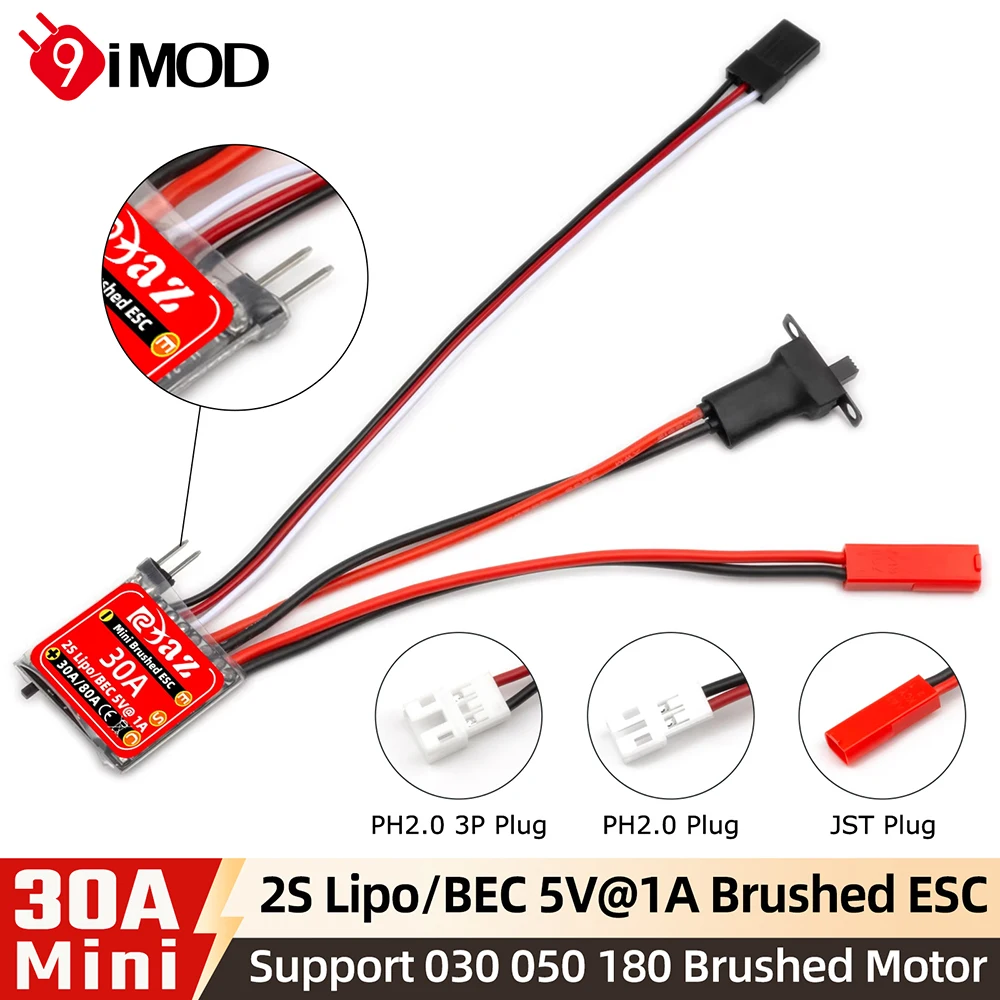 9IMOD RC Brushed ESC 30A Bidirectional with Drag Brake Switch MINI Speed Controller for 1/18 1/24 1/32 RC Car Boat 030 050 180