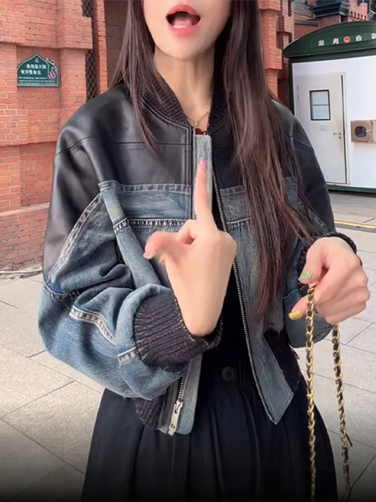 Spring Autumn 2026 Women's American Retro Long Sve Denim Jaet Loose Splicing ort Sle Leather Coat Anti-Wind Daily Wear