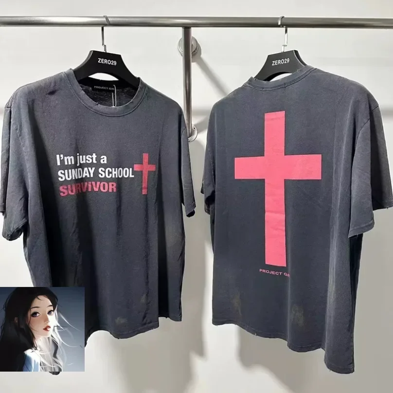 Stain Black Washed PROJECT T-shirt GR Cotton Loose Tee Men Women Back Big Red Cross Print Casual T-shirt
