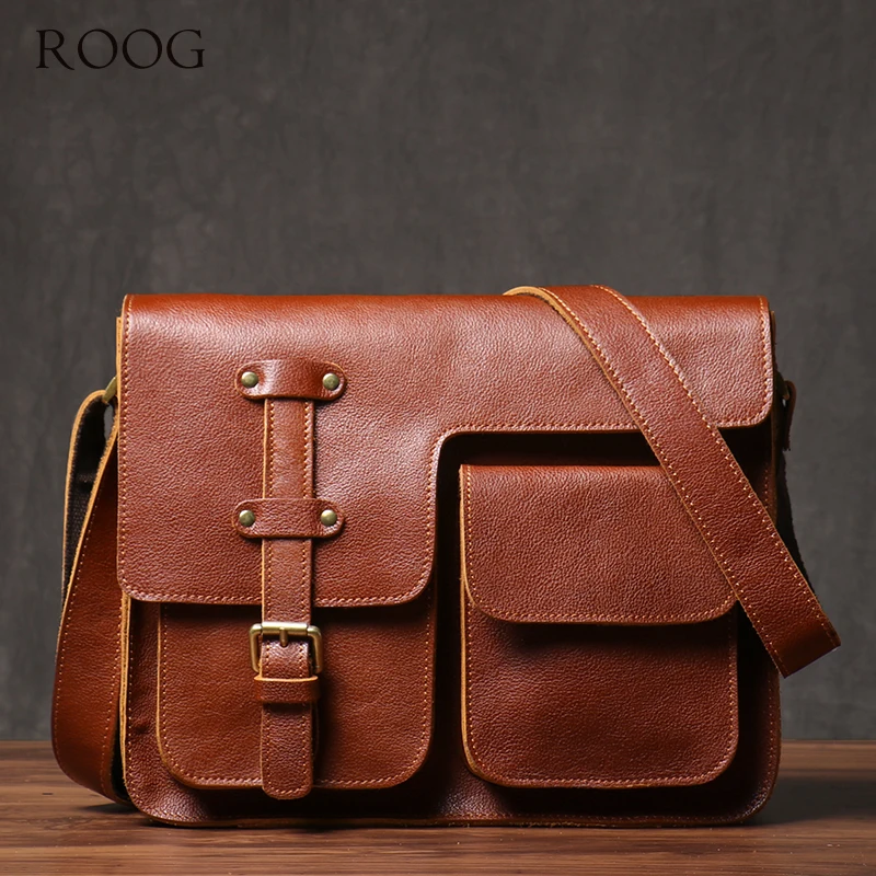 ROOG-Bolsa de ombro de couro real masculina tiracolo de couro de vaca vintage, fim de semana, bolsa mensageiro para iPad 12 ", alta qualidade vintage