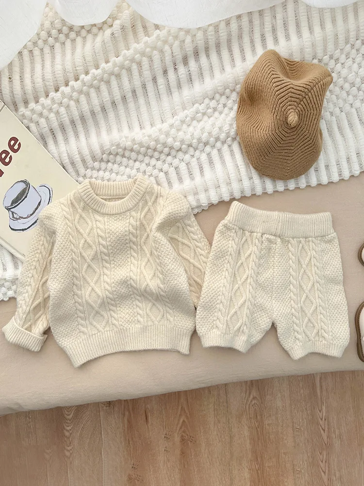 Autumn Winter Children Knitted Twist Sweater Set Kid Boy Girl Retro Casual Tops + Shorts 2pcs Baby Knitting Pullover Shirt Suit