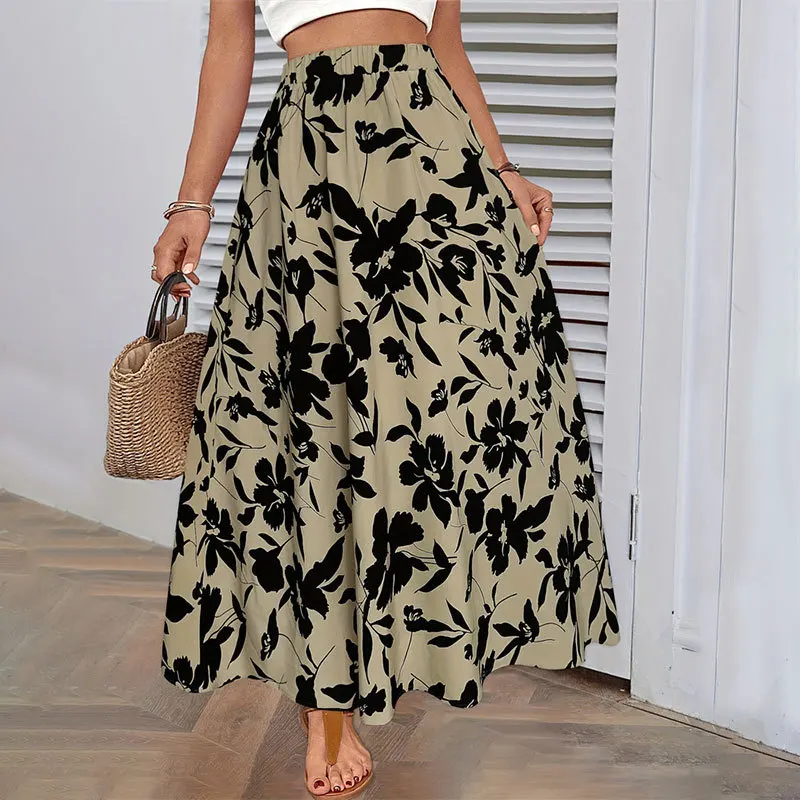 Elegant Floral Print Long Skirts For Women 2024 Summer Beach Fashion High Waist Cute Maxi Dresses Skirt Female