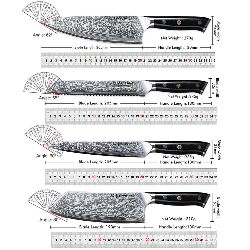 TURWHO Chef Knife 1-5 PCS Kitchen Knives Set 67 Layer Damascus Steel Japanese Nakiri Santoku Cleaver Slicing Bread Utility Knife