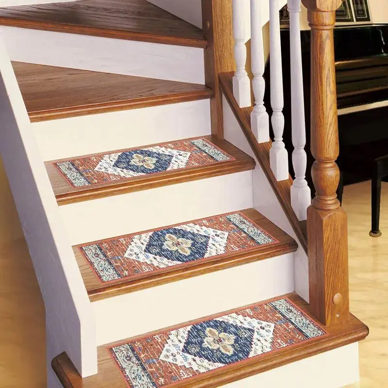 VIKAMA Vintage Ethnic Floral Crystal Velvet Stair Mats for Wooden Steps Anti Slip Cozy Aesthetic Soft Comfortable Home Decor