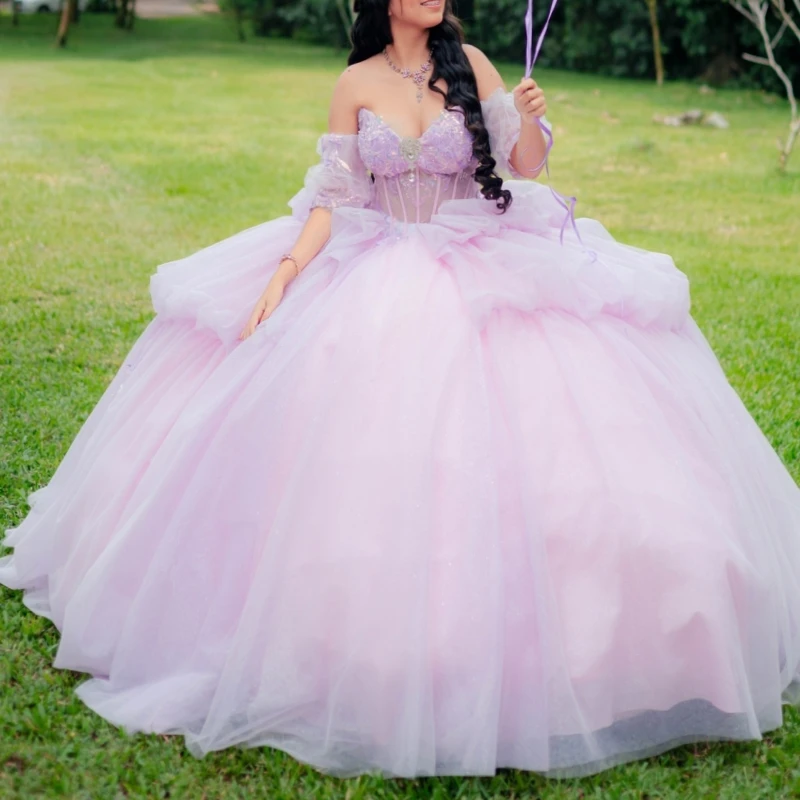 

Розовое блестящее платье Quinceanera, бальное платье с открытыми плечами, аппликация из бисера, многоуровневый тюль, корсет, вечерние, день рождения, милое платье 16, Vestid