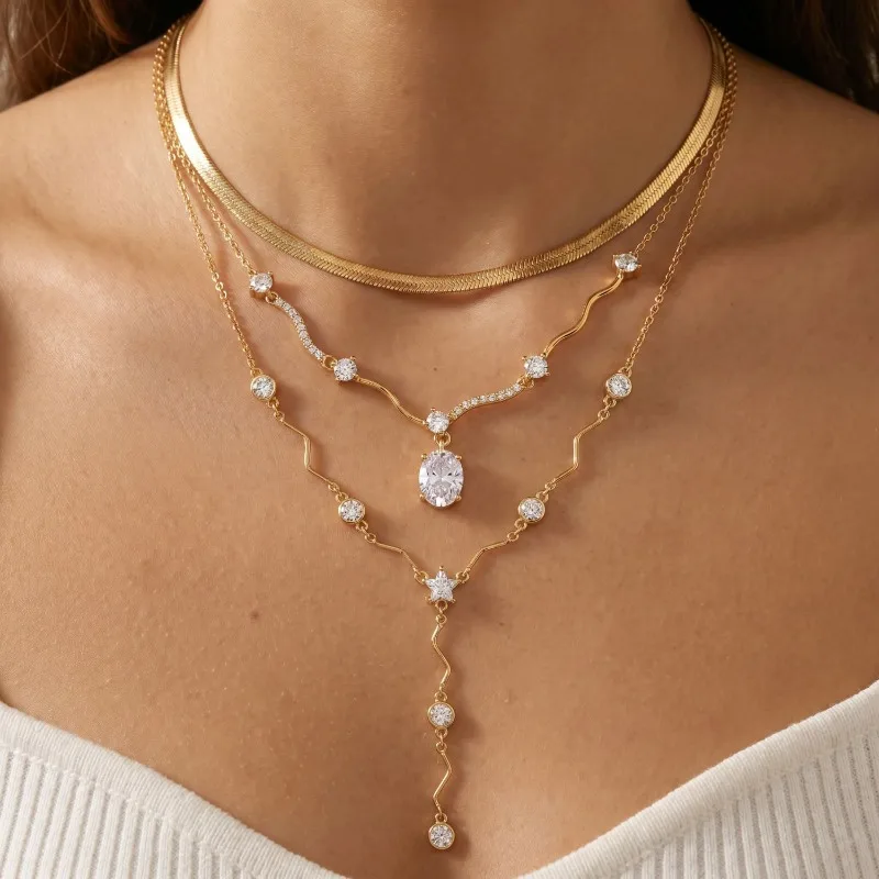 Multi Layer Y Shape Crystal Necklace Women Gold Snake Chain Round Zircon Pendant Stackable Choker Wedding Party Jewelry Gift