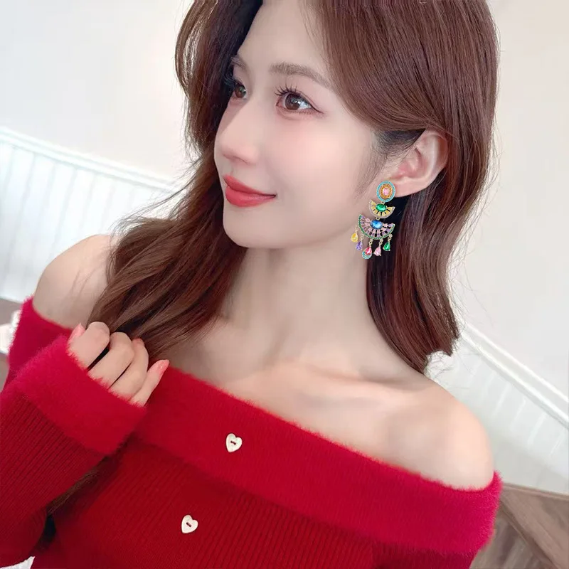 Vintage Fan Shape Water Drop Tassel Dangle Earrings Inlaid Color Zircon Fashion Summer Women Ear Jewelry For Wedding Party Gifts