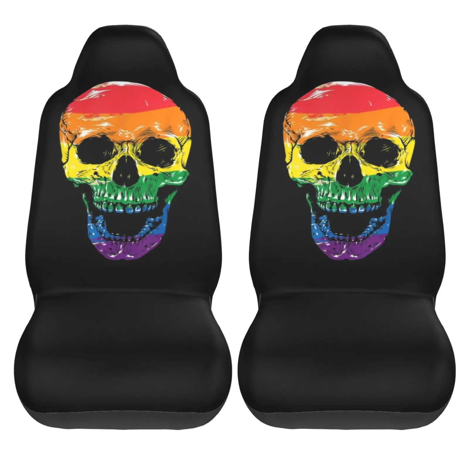 Funny Flag Skull Halloween Gay Pride Month Car Seat Cover 2pcs Printing Universal Front Protector Accessories Cushion Set
