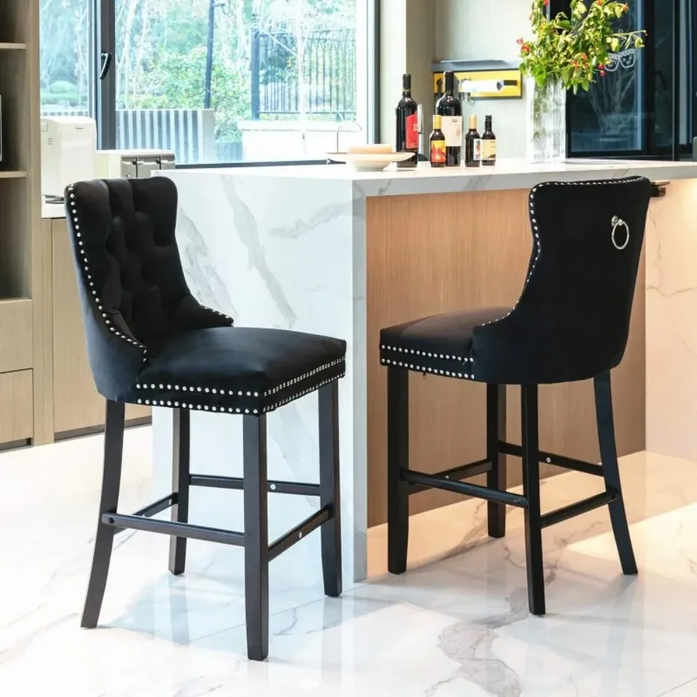 Counter Height Bar Stools Set of 2, Velvet Upholstered Barstools with Solid Wood Legs, Button Tufted and Nailheads Trim