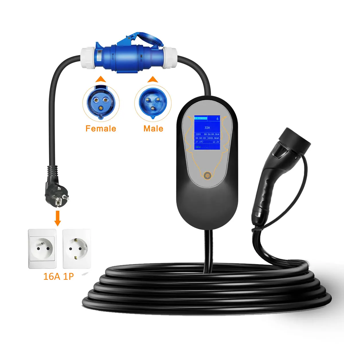 JIGU-Adaptateur de charge pour véhicule électrique, chargeur EV portable, prise CEE bleue vers prise UE 16A, 7KW à 3,5 KW, 1 phase, 32A