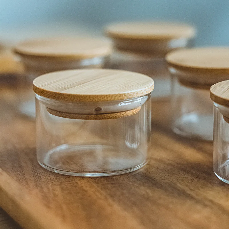 5 Cm Mini Glass Tea Canister Portable Travel Storage Jar Sealed Coffee Multigrain Jar with Wood Lid Glass Container Home Decor