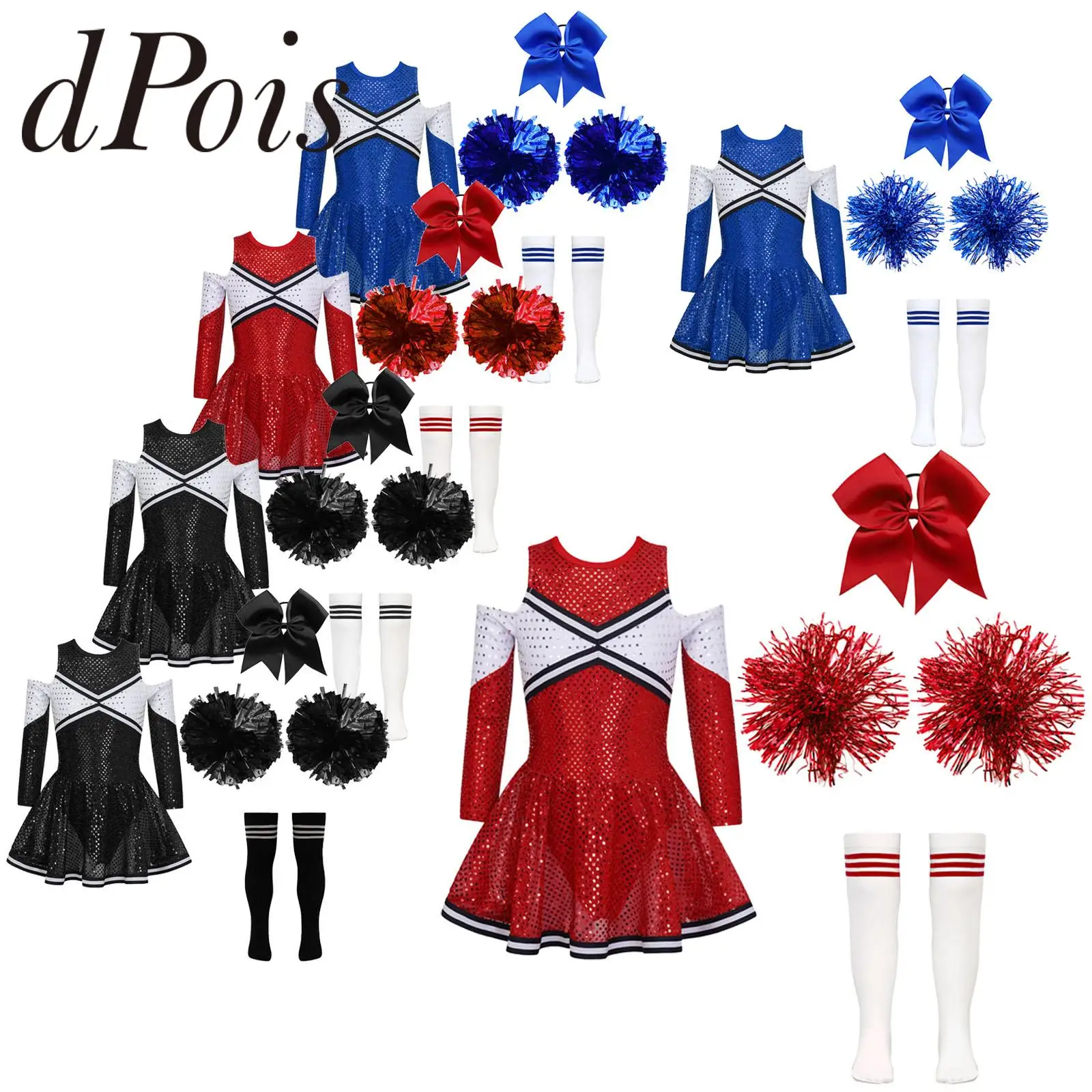 Girl's Sequins Cheerlead Dance Dress with Hand Flowers Cheerleader Costume Cheerleading Outfits Teens Cheering Team Uniform