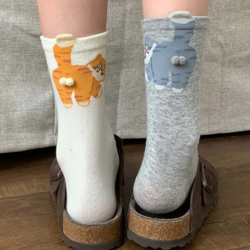 1/3 Pair Three-Dimensional Cat Printed female Mid Tube Socks Soft Comfortable Sweat Absorbing Breathable Casual Couples Sock