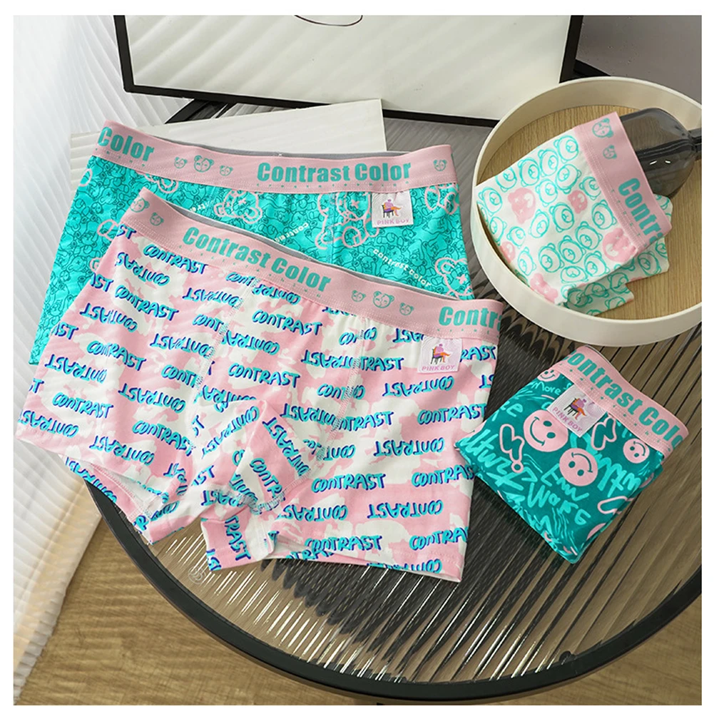 Men’s Underwear Boxer Briefs 4-Pack,Soft Cotton Breathable,Pink & Blue Cartoon Print Underwear Man Panties