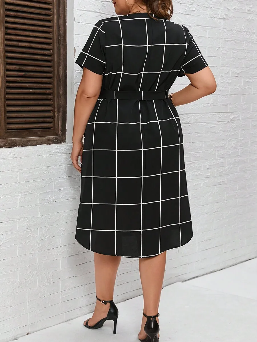 

Grid Print Notched Neckline Belted Dress Summer Women