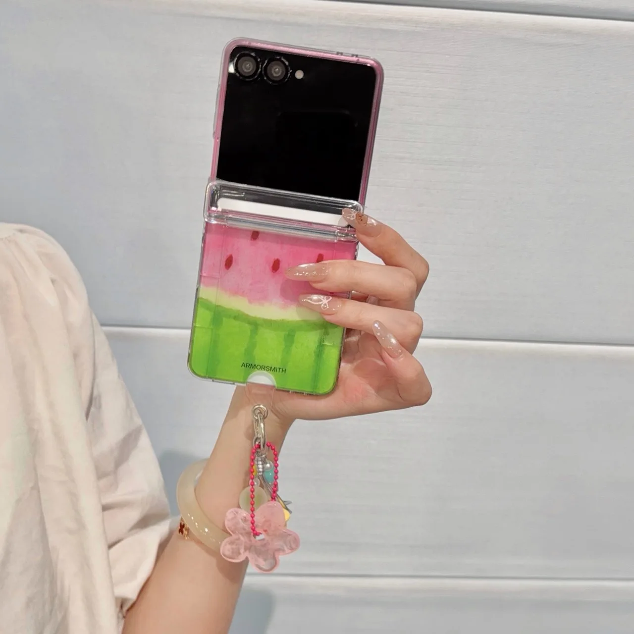 Gradient Watermelon Clear Card Slot Case For Samsung Galaxy Z Flip7 Flip6 Flip5 Flip4 Flip3 Bead Chain Pendant Shockproof Cover