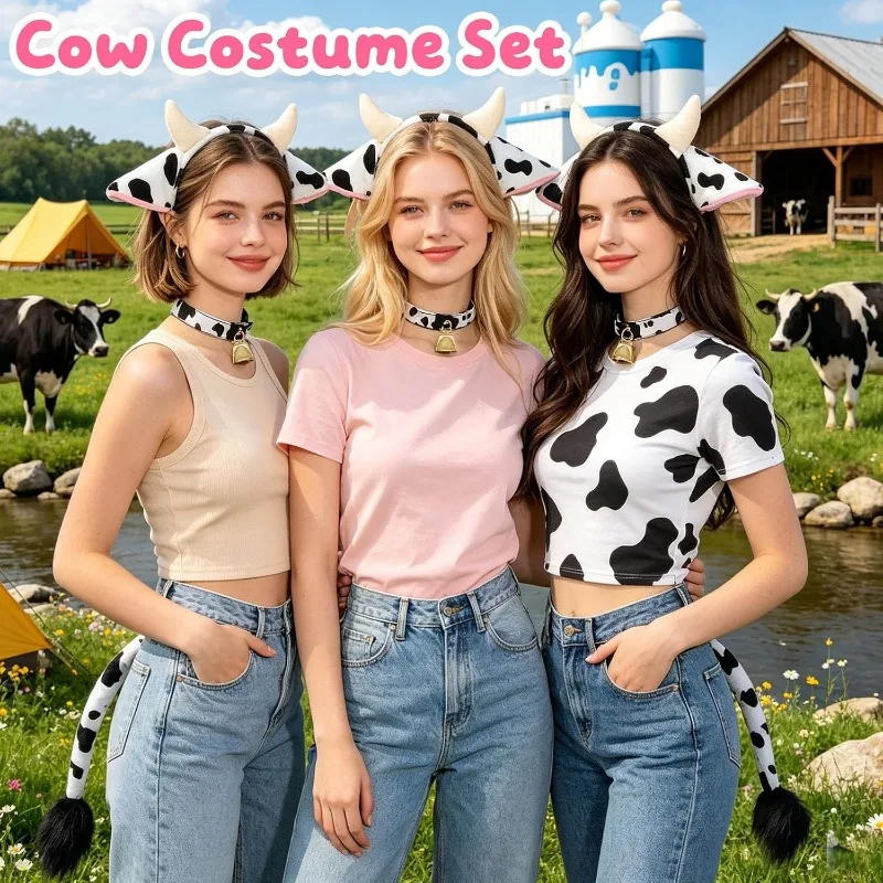 Cow Costume Accessories Tail Bell Collar Choker Animal Costume Accessory for Adult Halloween Birthday Cosplay Party Dress Up