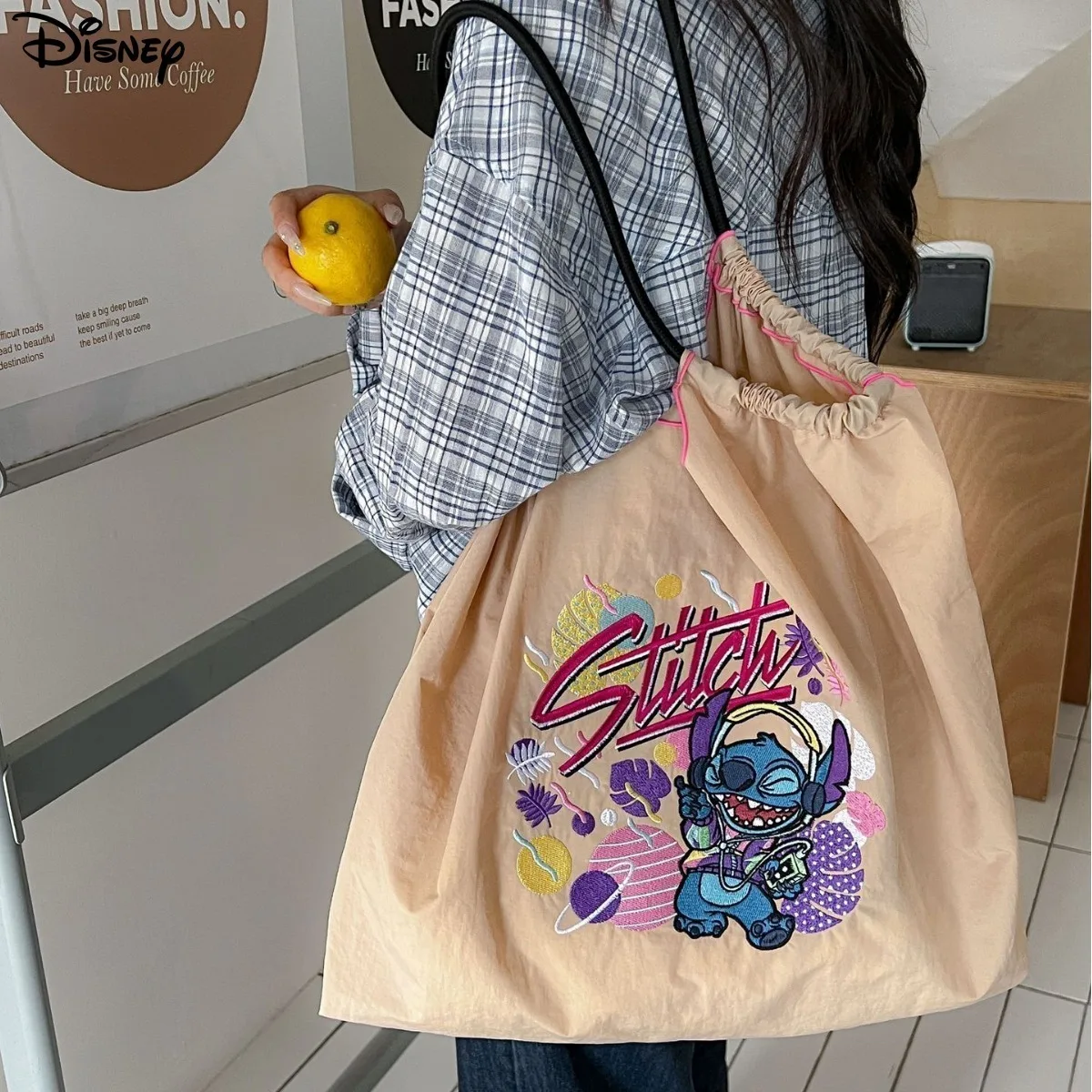 Disney Stitch & Angel Nylon Single Shoulder Tote Bag, Large Capacity Handbag, Embroidered Flower Crossbody Shopping Bag