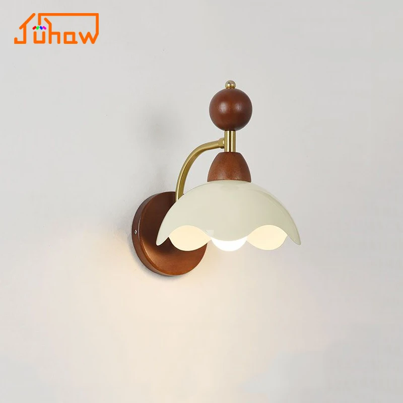 Creamy Retro Eggshell Wall Lamp Bedroom Bedside Light Mid Century Walnut Ash Solid Wood Accent Wall Lighting