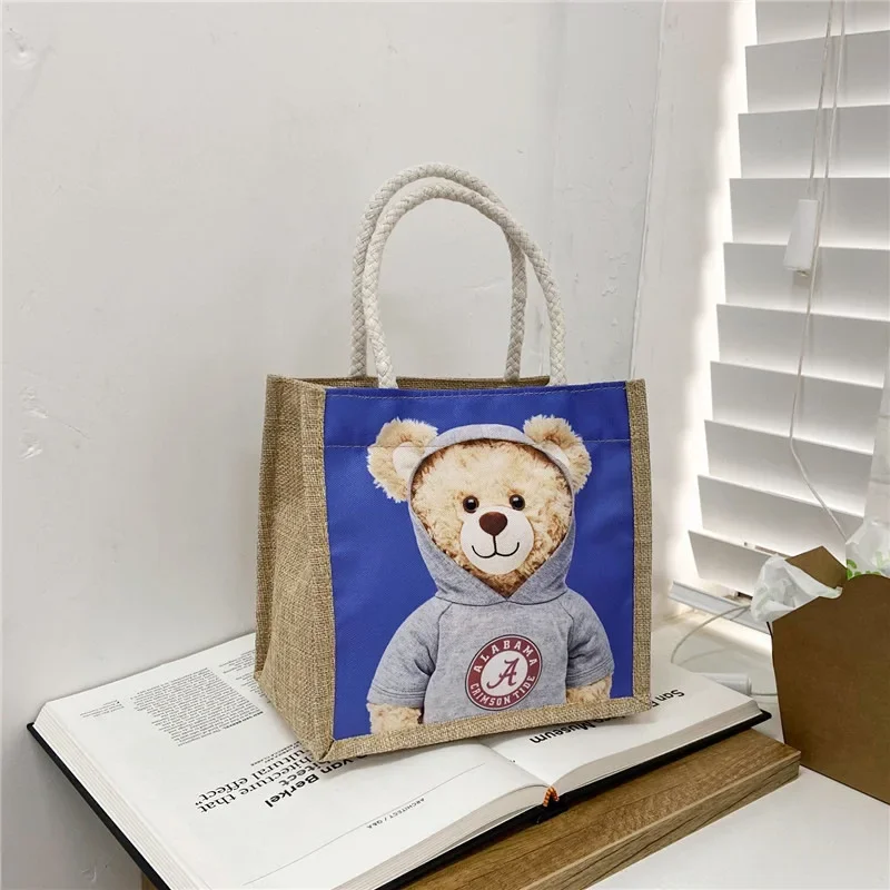 Portable Canvas Women Cute Bear Handbag Soft Plush Tote Simple Cloth Shopper Printing Bear Eco Shoulder Bag Purses for Girls