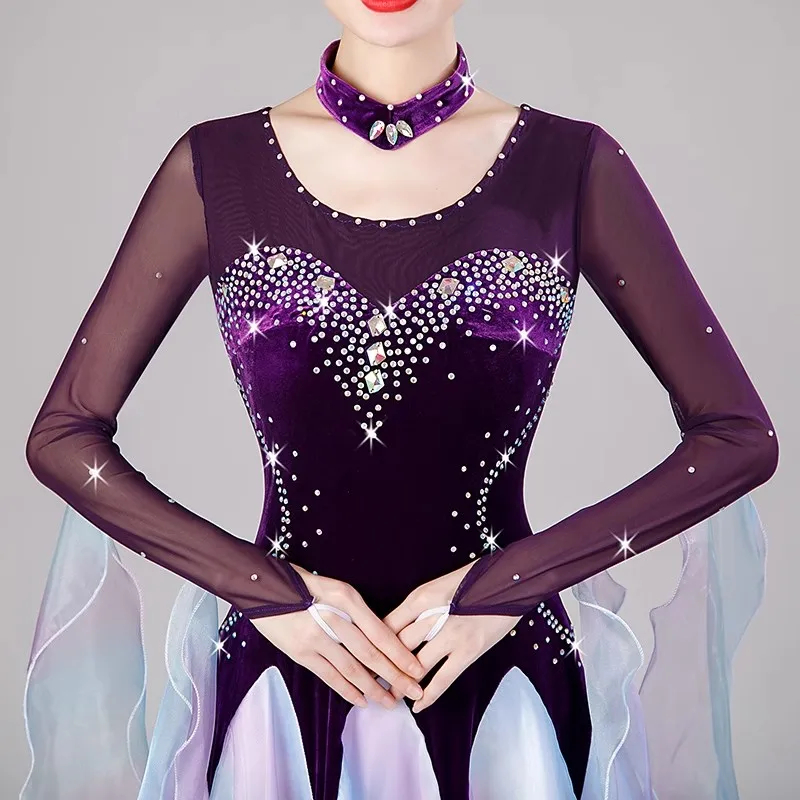 ملابس الرقص الحديثة للنساء قاعة الرقص المنافسة فستان طويل الأكمام كبير سوينغ الفالس فستان مرحلة أزياء مسرحية