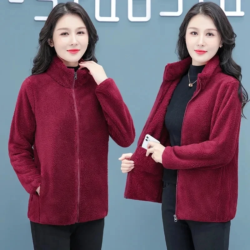 

Autumn Winter Polar Fleece Coat Women Coral Fleece Jacket Stand Collar Cardigan Leisure Add Fleece Outwear Women Joker Blouse