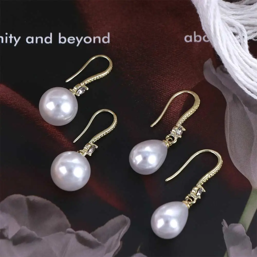 Water Drop Shape Long Earrings Shell Beads Simulation Freshwater Pearl Drop Earrings Temperament Rhinestone Ear Hook Female