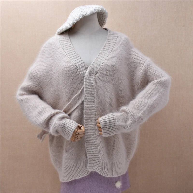 Ladies Women Autumn Winter Clothing Hairy Angora Rabbit Hair Knitted Long Sleeves V-Neck Loose Cardigans Sweater Jacket Pull Top