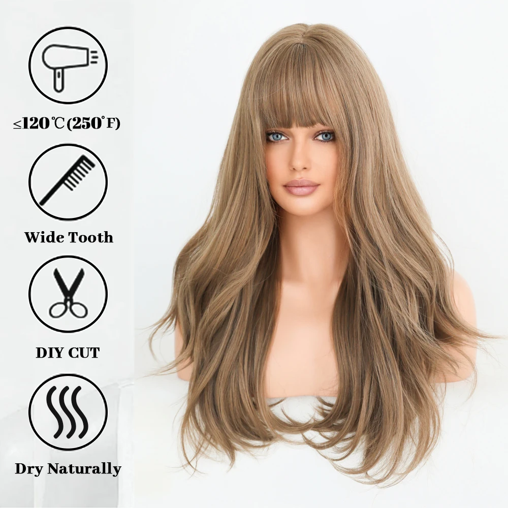 Long Straight Wave Honey Flaxen Hair Women Wig with Bangs Heat Resistant Synthetic Wig Party Daily Use Fake Hair Cosplay Lolita