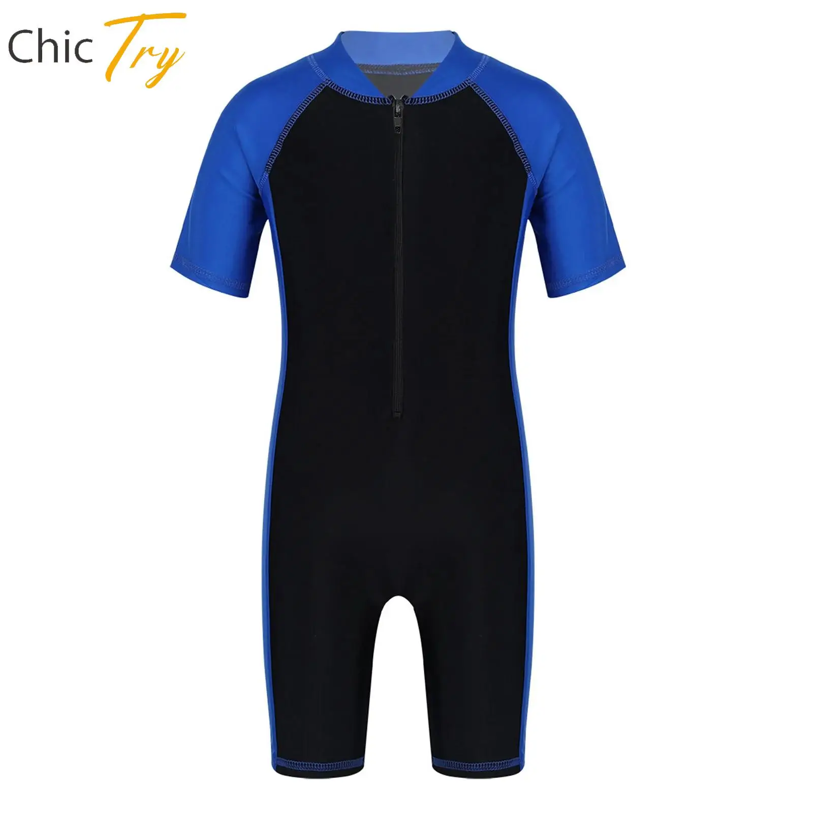 

ChicTry Unisex Kids One-piece Short Sleeves Swimsuit Zippered Shorty Wetsuit Boys Girls Swimwear Surfing Bathing Suit Rash Guard